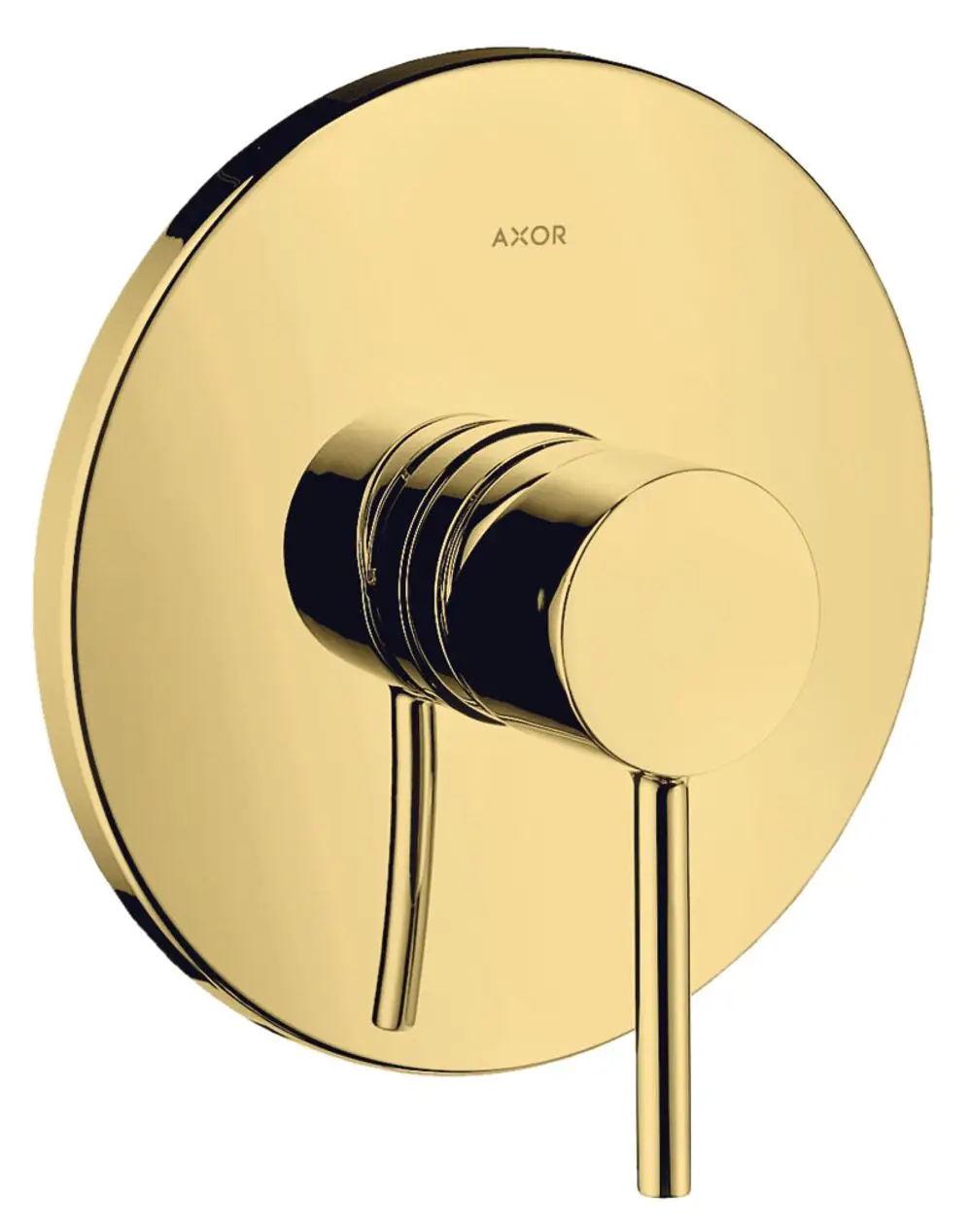 Einhebel-Brausemischer in polierter Goldoptik von AXOR. Rundes Design mit zwei Hebeln zur Wasserregelung und einem glatten Oberflächenfinish.